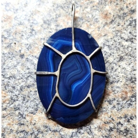 Abstract Blue Agate Pendant Wrapped In Sterling Silver - Hand Crafted - Picture 3 of 3